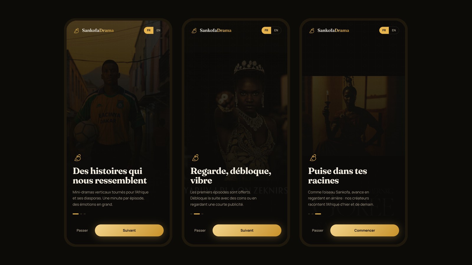 SankofaDrama — écrans d'onboarding